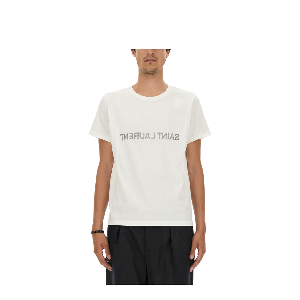 White T-Shirt with Black Logo Pattern