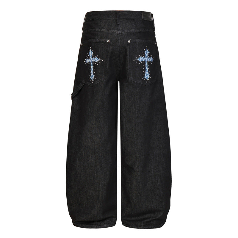 Vintage Raw Black Baggy Wide Leg Jeans Unisex Cross Embroidery Cut Baggy Hip Hop Streetwear Denim Pants
