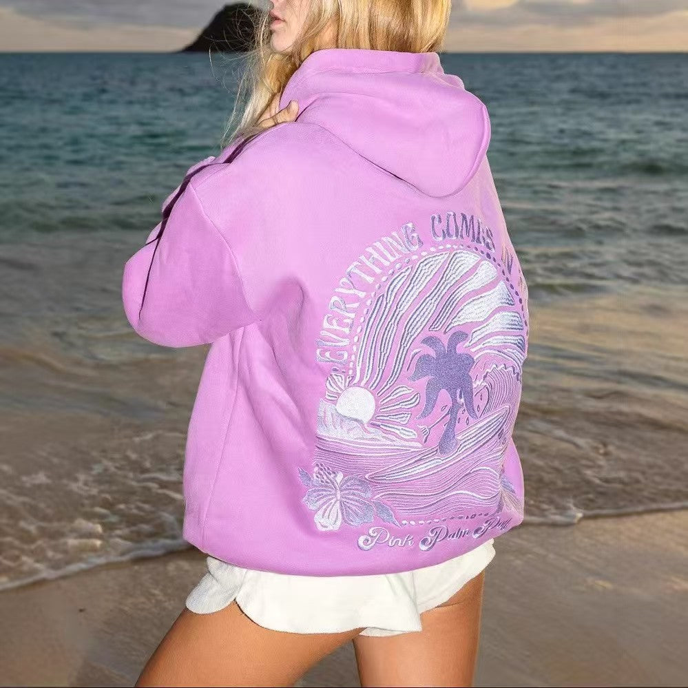Embroidered Drop Shoulder Hoodie, EuroEverything Comes in Waves" Palm Surf Embroidery Drop Shoulder Hoodiepean Size Oversized Graphic Embroidery Sweatshirt