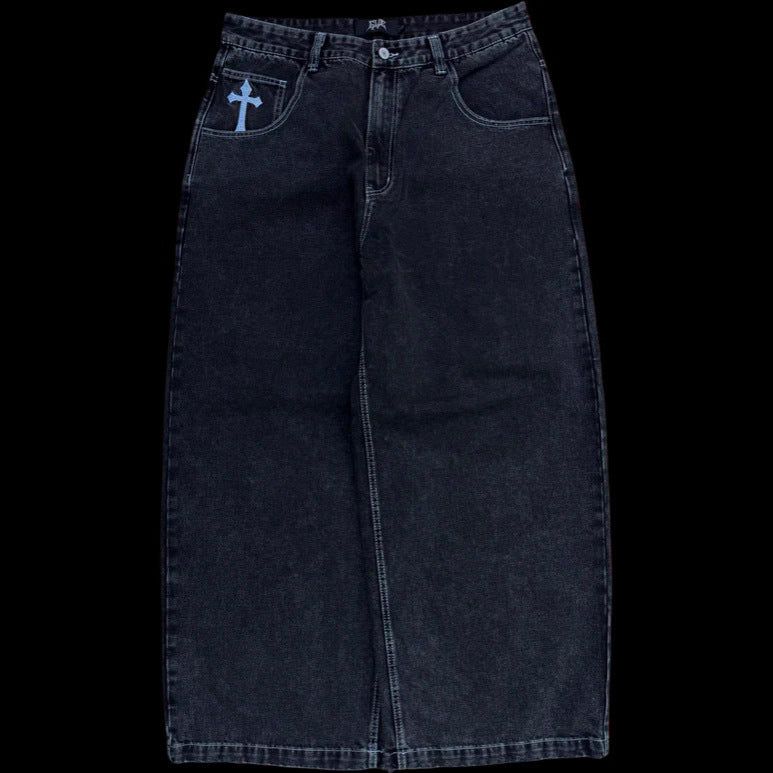 Y2K Wide Leg Jeans for Men Gothic Star Graphic Print Baggy Denim Pants Streetwear Vintage Black Gray Loose Fit Skater Trousers