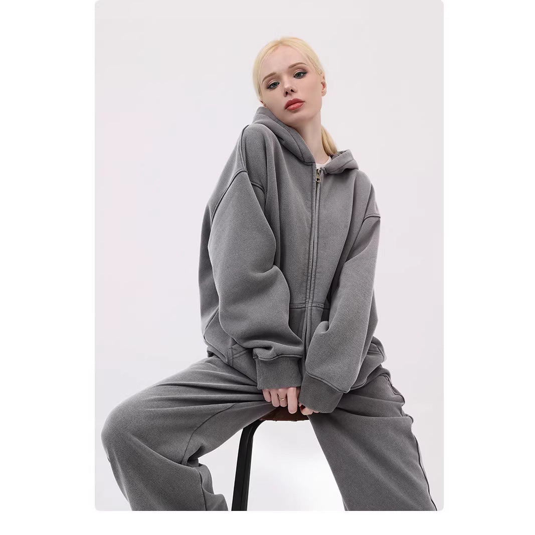 380g Vintage Washed Fleece Zip Up Hoodie | Oversized Drop Shoulder Heavyweight Hooded Jacket Unisex