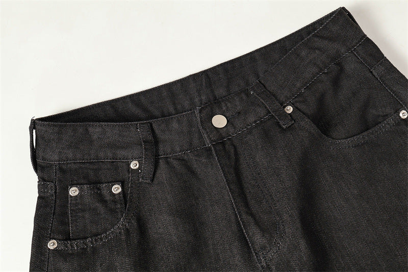 Vintage Raw Black Baggy Wide Leg Jeans Unisex Cross Embroidery Cut Baggy Hip Hop Streetwear Denim Pants