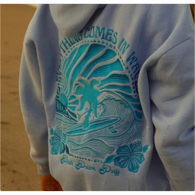 Embroidered Drop Shoulder Hoodie, EuroEverything Comes in Waves" Palm Surf Embroidery Drop Shoulder Hoodiepean Size Oversized Graphic Embroidery Sweatshirt