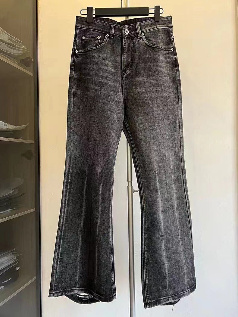 Men Vintage Distressed Flare Jeans Clean Fit Washed Grey Black Bootcut Denim Trousers