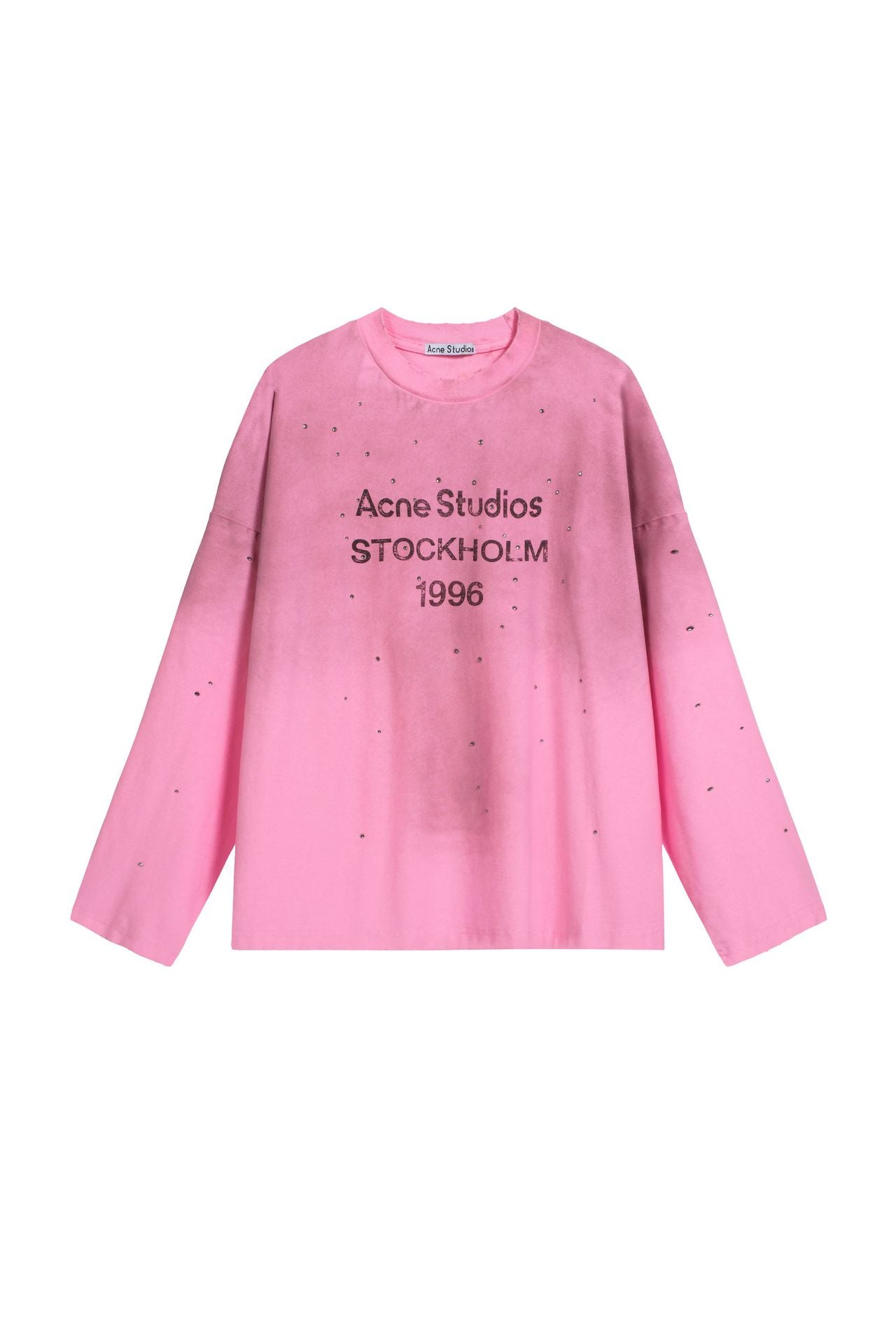 Vintage Washed Rhinestone Graphic Long Sleeve Tee Unisex Loose Fit Cotton Casual Shirts