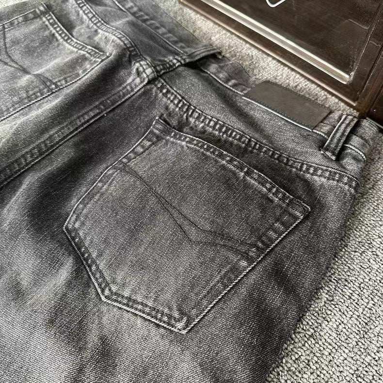 Men Vintage Distressed Flare Jeans Clean Fit Washed Grey Black Bootcut Denim Trousers