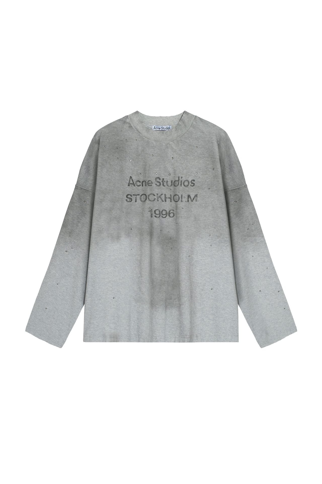 Vintage Washed Rhinestone Graphic Long Sleeve Tee Unisex Loose Fit Cotton Casual Shirts