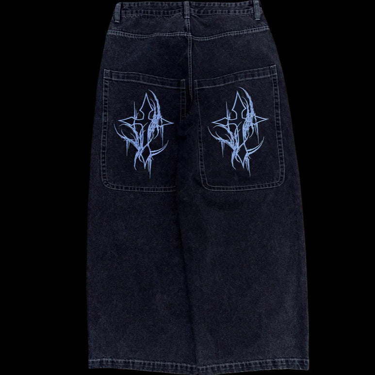 Y2K Wide Leg Jeans for Men Gothic Star Graphic Print Baggy Denim Pants Streetwear Vintage Black Gray Loose Fit Skater Trousers