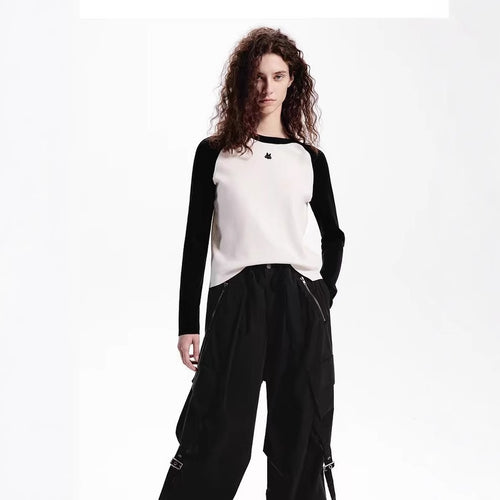 American retro contrasting raglan long sleeved knitted sweater for women, 2024 autumn new product color blocked round neck knitted T-shirt