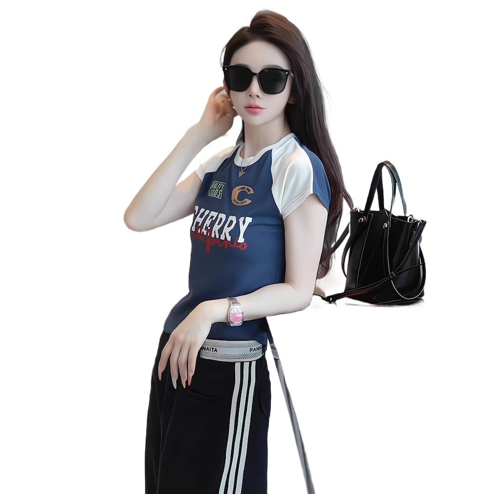 American retro letter T-shirt high-end set 2025 new summer design sense short sleeved top two-piece set women's clothing