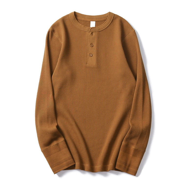 Waffle American retro khaki heavyweight Henry collar base T-shirt for spring interior, slim fit men's long sleeved T-shirt