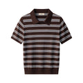 Limited! \u003c100% Lyocell\u003eAmerican style anti-aging college style striped top, knitted lapel, loose short sleeved women