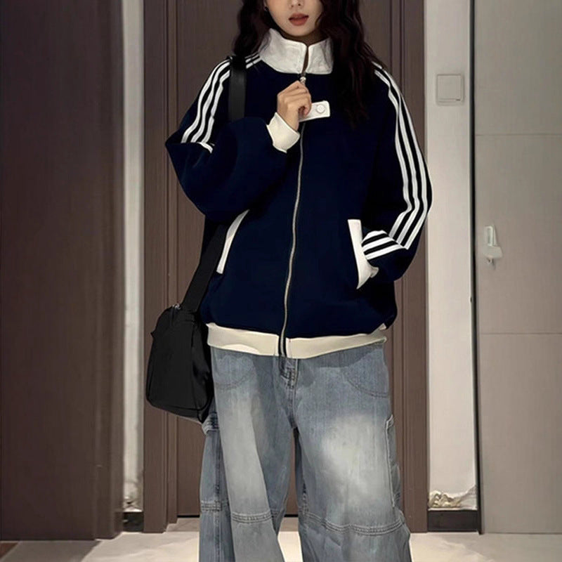 藏蓝色立领拉链卫衣女款加绒美式复古运动夹克三条杠宽松外套秋冬