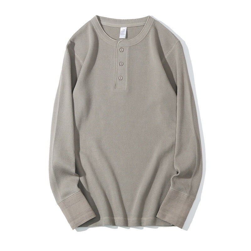 Waffle American retro khaki heavyweight Henry collar base T-shirt for spring interior, slim fit men's long sleeved T-shirt