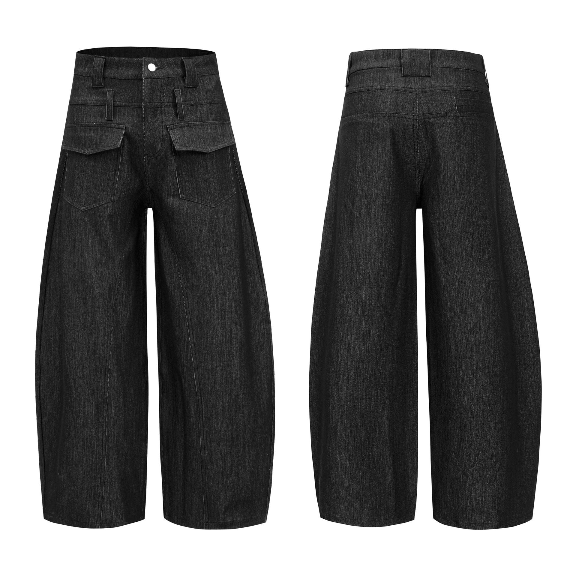 American style patchwork flap pocket wide leg jeans for men and women, washed and worn, loose and ripped straight leg pants