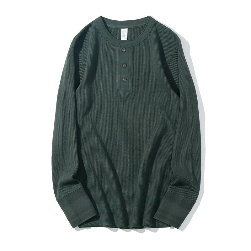 Waffle American retro khaki heavyweight Henry collar base T-shirt for spring interior, slim fit men's long sleeved T-shirt