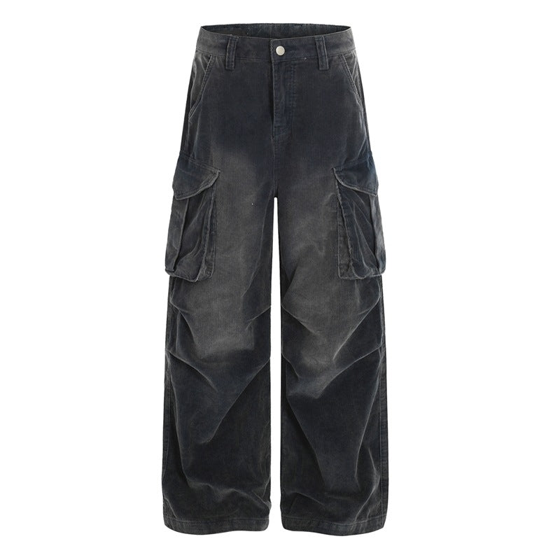 DC+American retro workwear wide leg jeans, men's and women's distressed multi pocket loose wide leg pants, black pants