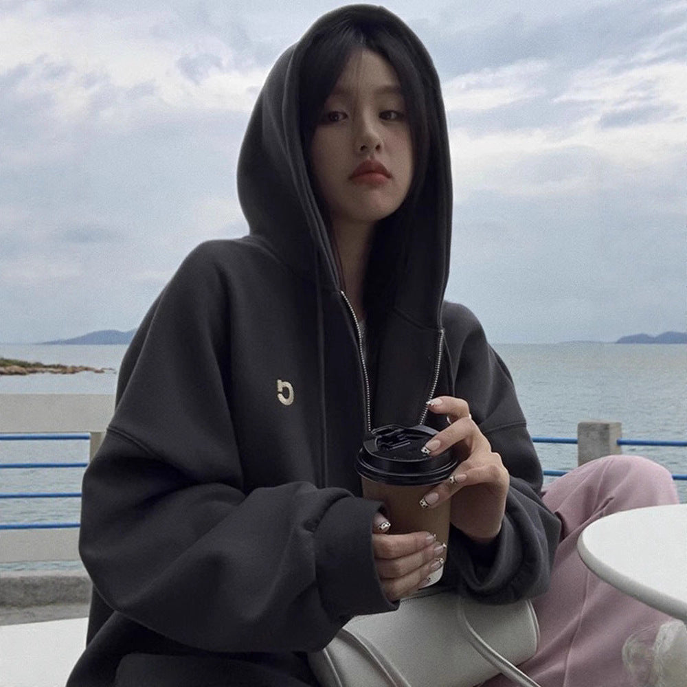 Grey hooded sweatshirt for women in autumn and winter, Korean loose and plush thick medium to long style, lazy style, American cardigan trend