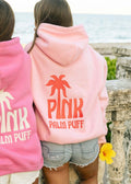 Pink Palm Puff Embroidery Oversized Zip Up Hoodie, Women Casual Beach Sweatshirt Jacket