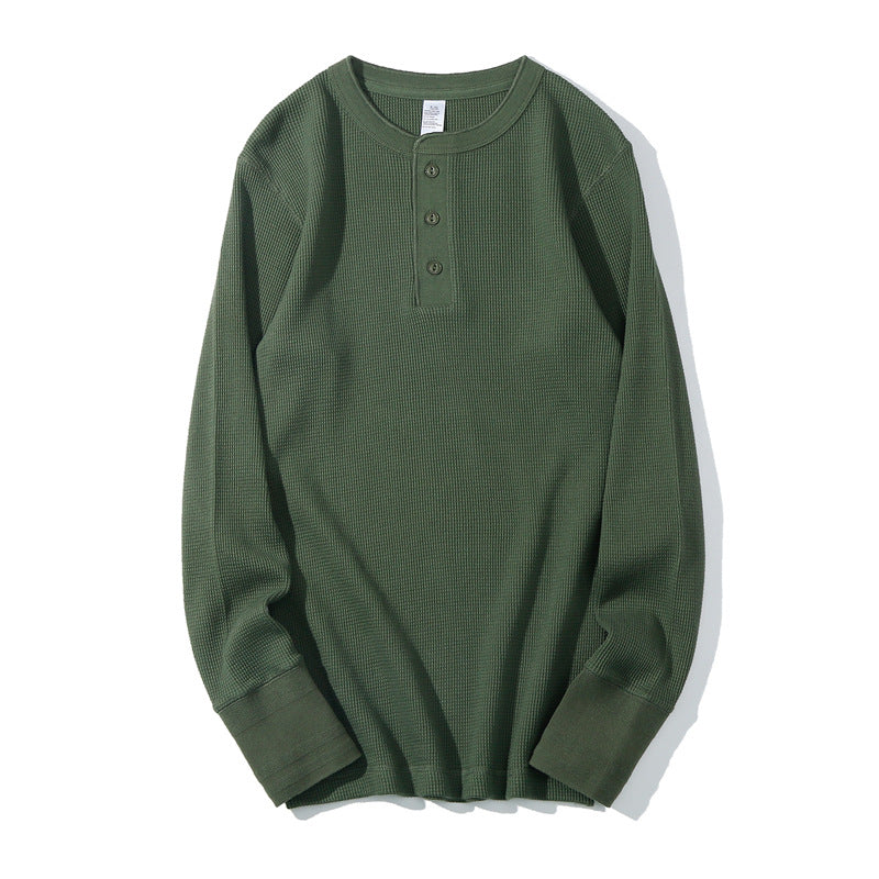 Waffle American retro khaki heavyweight Henry collar base T-shirt for spring interior, slim fit men's long sleeved T-shirt
