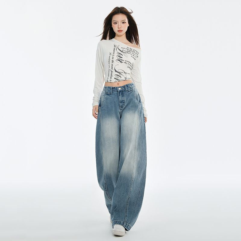 American retro tall girl with elongated curved knife wide leg jeans, women's 2025 new autumn sickle pants, loose fit