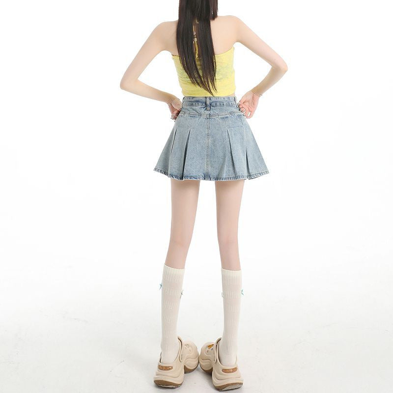 American retro denim midi skirt for women in summer 2025 new high waist slimming A-line pleated short skirt, small stature