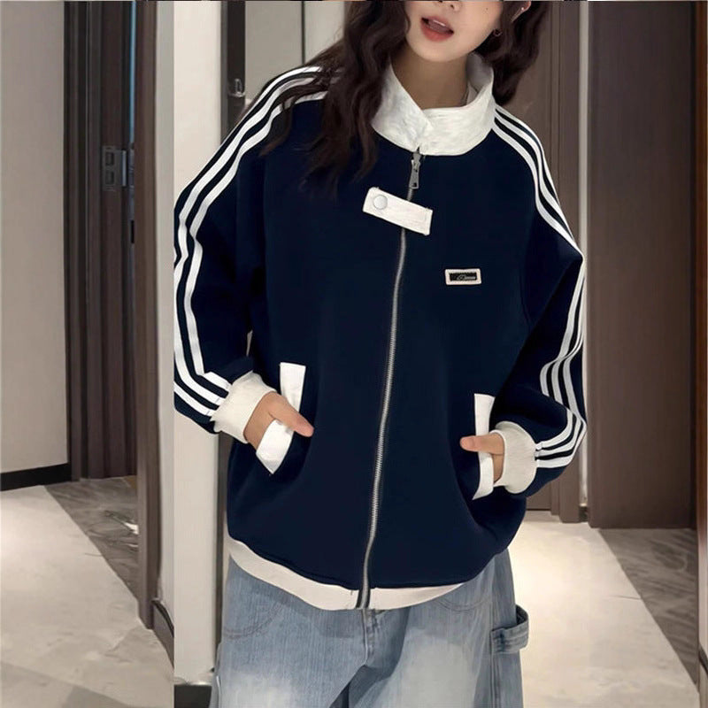 藏蓝色立领拉链卫衣女款加绒美式复古运动夹克三条杠宽松外套秋冬