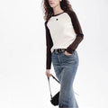 American retro contrasting raglan long sleeved knitted sweater for women, 2024 autumn new product color blocked round neck knitted T-shirt