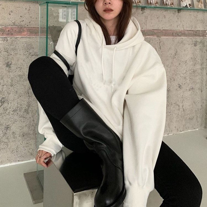 Oversize niche autumn and winter American loose cream yellow light blue with plush thick hooded sweatshirt for women's outerwear