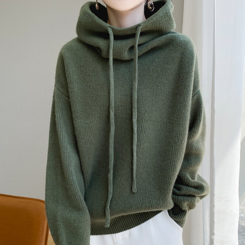 Heavy duty thickened wool hooded sweatshirt for women in autumn and winter, lazy style cashmere knitted sweatshirt, skin friendly warm pullover top