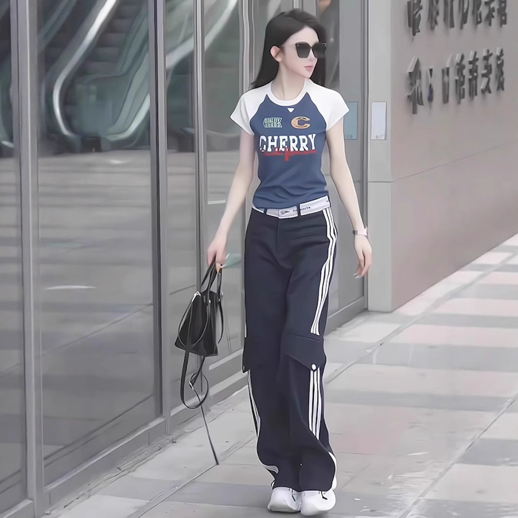 American retro letter T-shirt high-end set 2025 new summer design sense short sleeved top two-piece set women's clothing