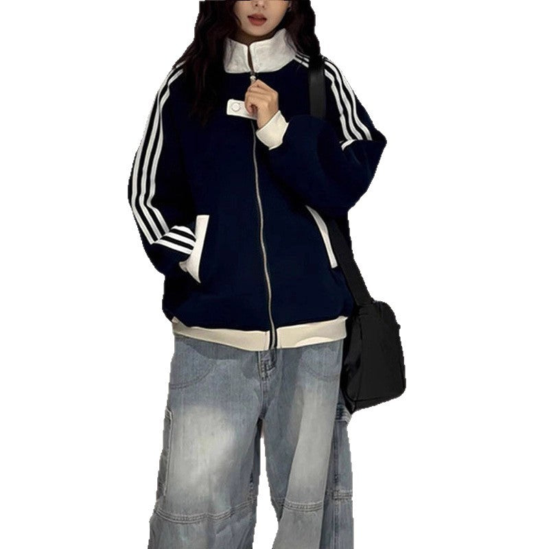 藏蓝色立领拉链卫衣女款加绒美式复古运动夹克三条杠宽松外套秋冬