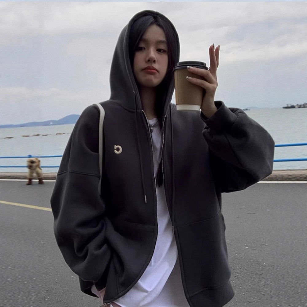 Grey hooded sweatshirt for women in autumn and winter, Korean loose and plush thick medium to long style, lazy style, American cardigan trend