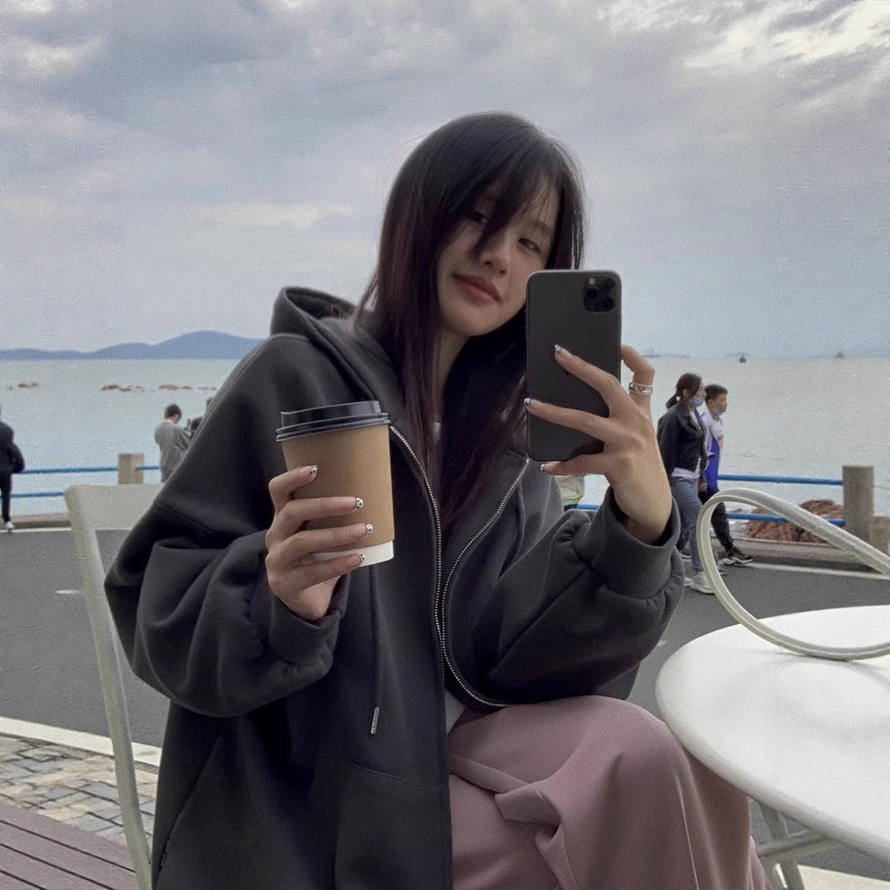 Grey hooded sweatshirt for women in autumn and winter, Korean loose and plush thick medium to long style, lazy style, American cardigan trend