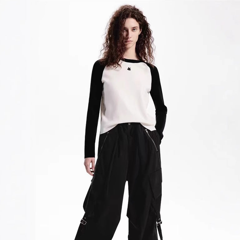 American retro contrasting raglan long sleeved knitted sweater for women, 2024 autumn new product color blocked round neck knitted T-shirt