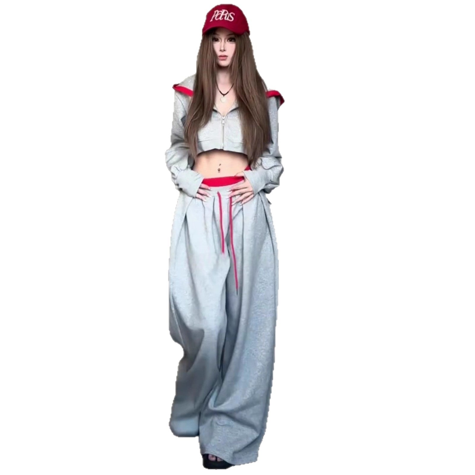 American style spicy girl hoodie set for women in autumn, lazy and relaxed, casual sports hooded jacket, gray wide leg pants