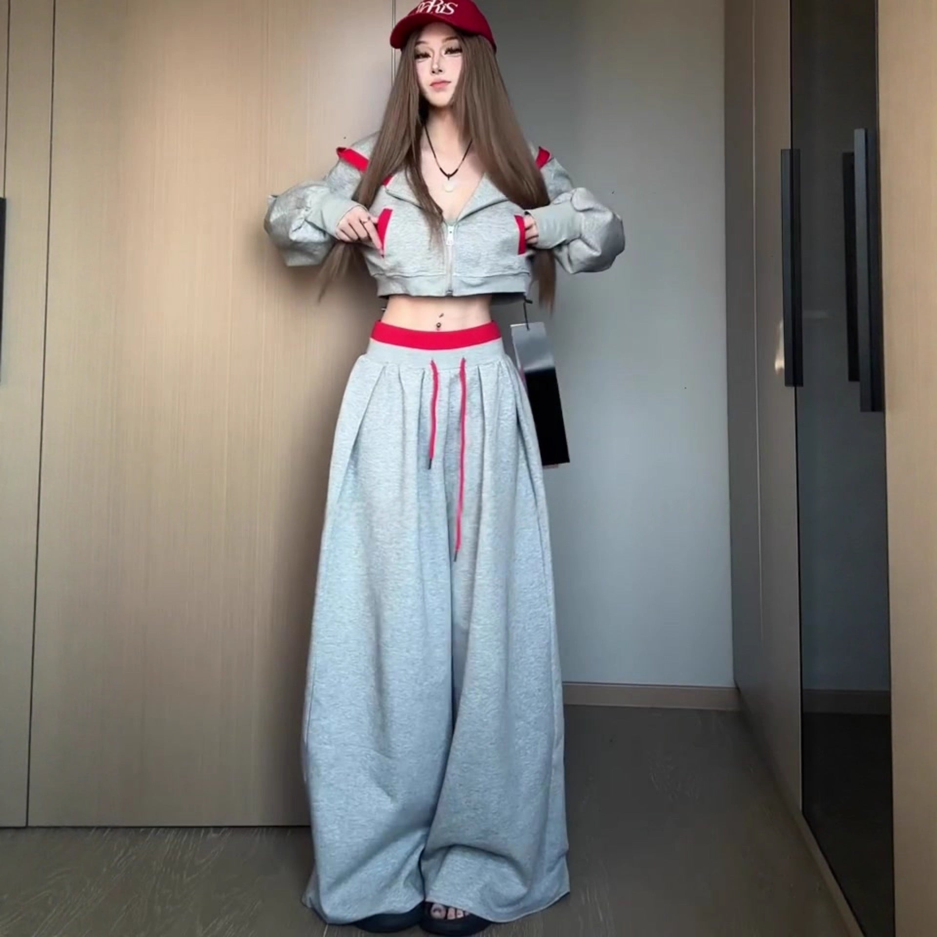 American style spicy girl hoodie set for women in autumn, lazy and relaxed, casual sports hooded jacket, gray wide leg pants