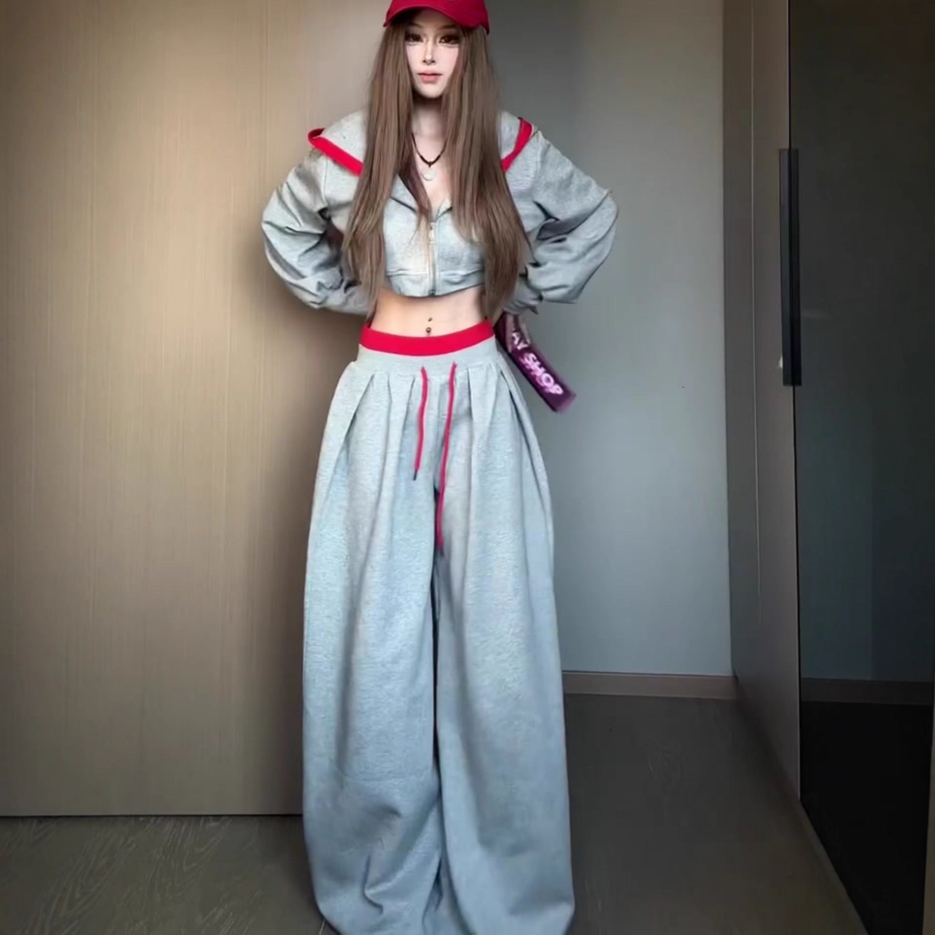American style spicy girl hoodie set for women in autumn, lazy and relaxed, casual sports hooded jacket, gray wide leg pants