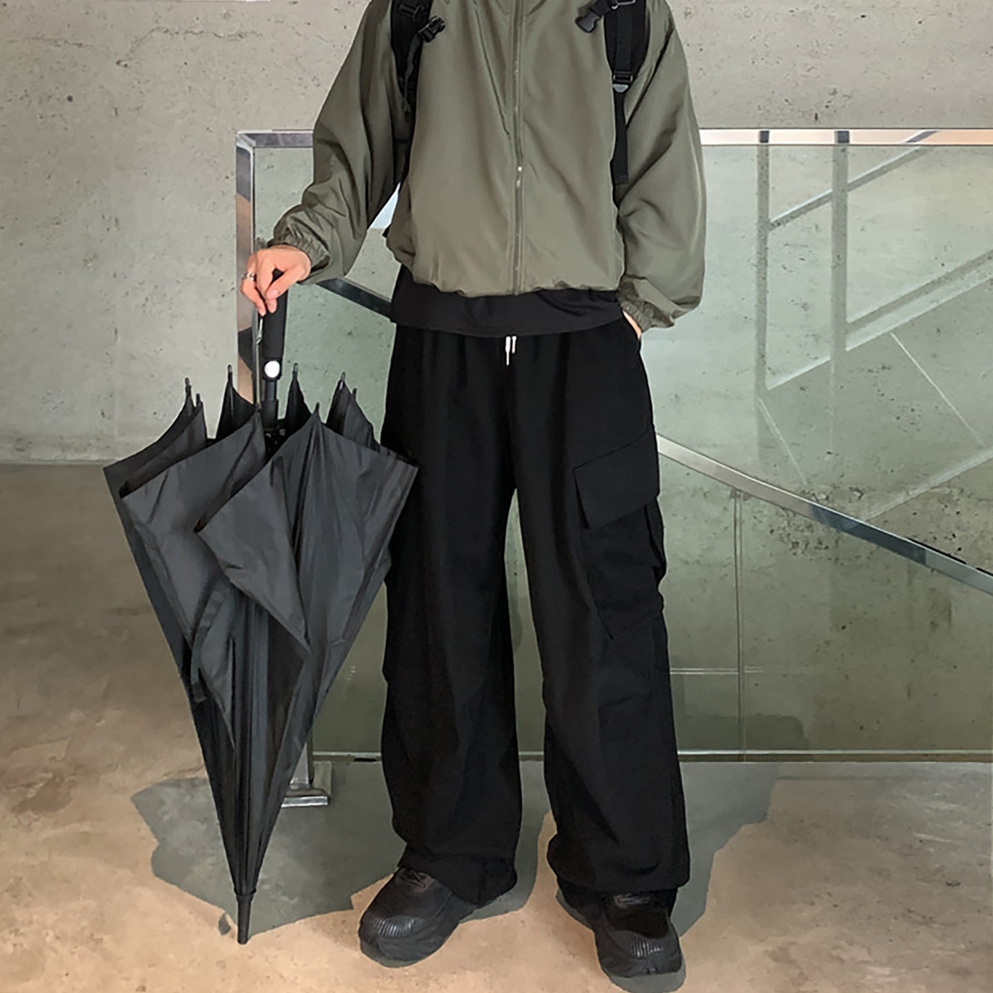 ASCLO\u0026QIAO spring new niche design black loose casual work pants men's straight tube drawstring large pocket