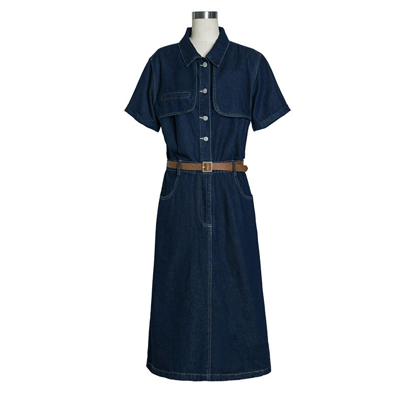 Spicy girl Hong Kong style summer high-end trendy short sleeved summer American retro texture waist cinching slimming short denim dress