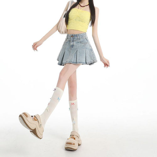 American retro denim midi skirt for women in summer 2025 new high waist slimming A-line pleated short skirt, small stature