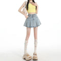 American retro denim midi skirt for women in summer 2025 new high waist slimming A-line pleated short skirt, small stature