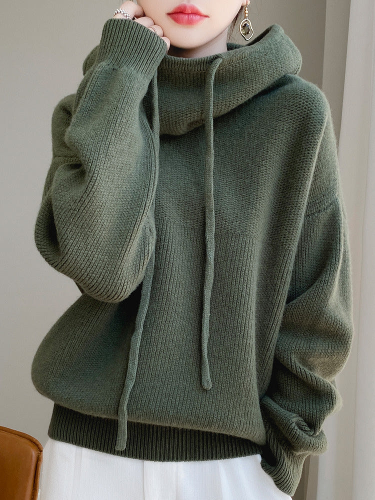 Heavy duty thickened wool hooded sweatshirt for women in autumn and winter, lazy style cashmere knitted sweatshirt, skin friendly warm pullover top