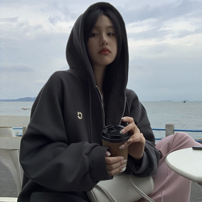 Grey hooded sweatshirt for women in autumn and winter, Korean loose and plush thick medium to long style, lazy style, American cardigan trend
