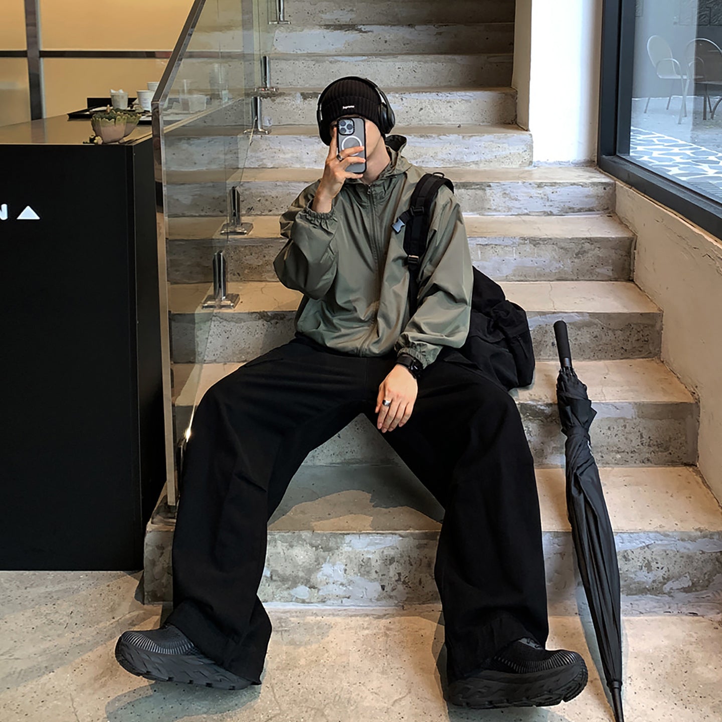 ASCLO\u0026QIAO spring new niche design black loose casual work pants men's straight tube drawstring large pocket