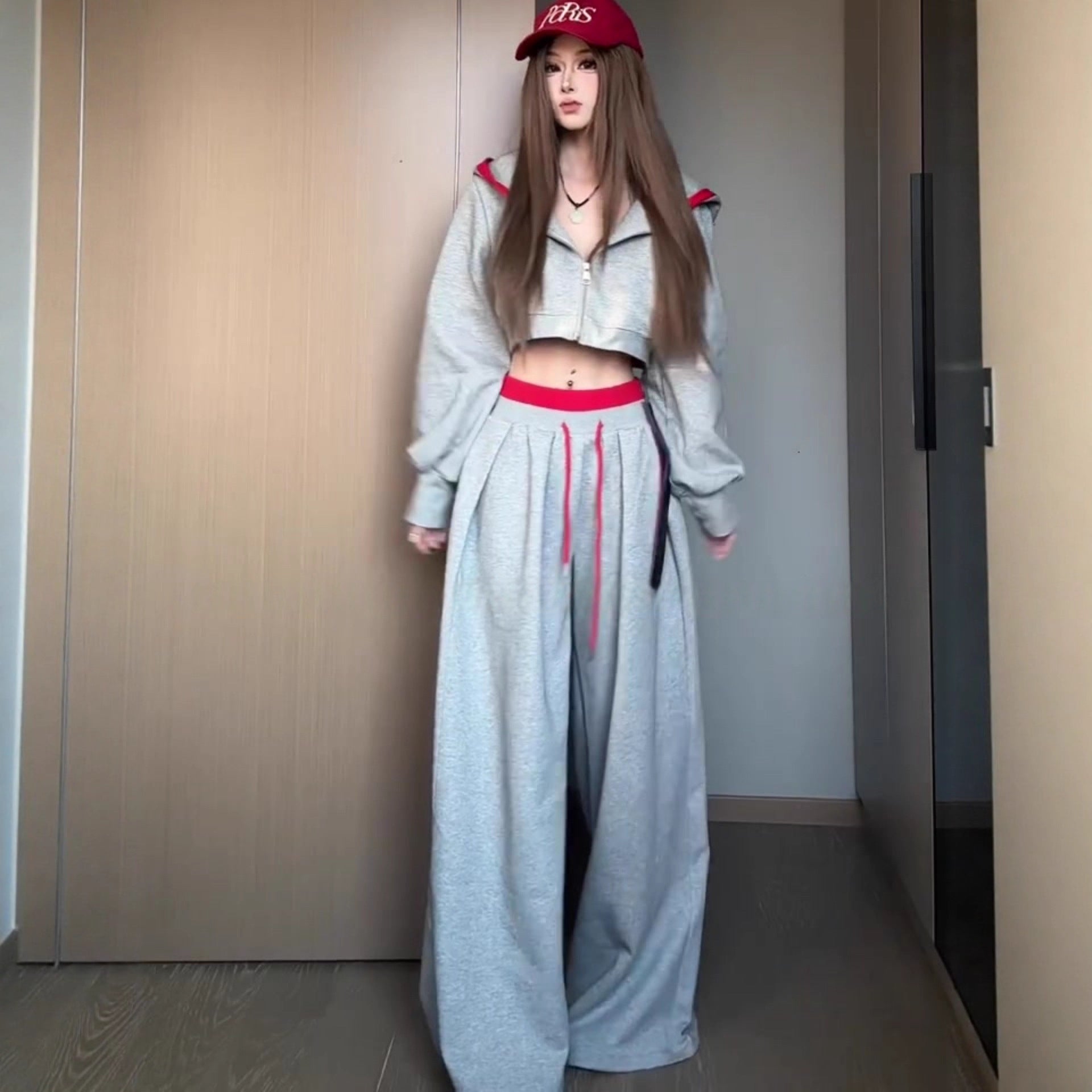 American style spicy girl hoodie set for women in autumn, lazy and relaxed, casual sports hooded jacket, gray wide leg pants