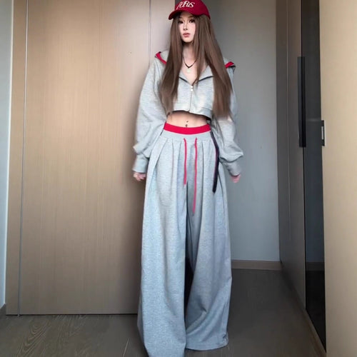 American style spicy girl hoodie set for women in autumn, lazy and relaxed, casual sports hooded jacket, gray wide leg pants