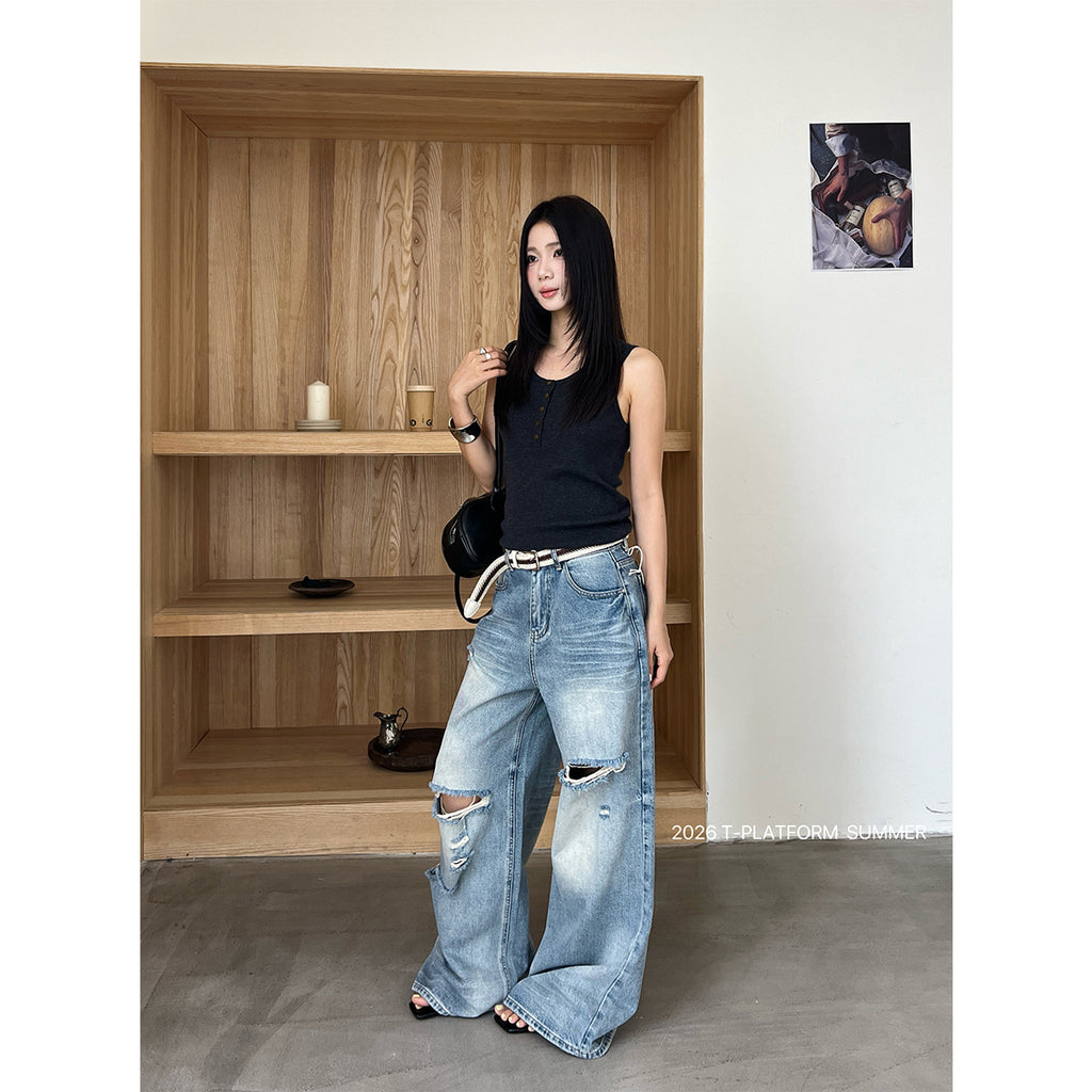 T-table/T-PLATFORM American ripped jeans for women's summer design sense, wide leg pants made in vintage blue 68379