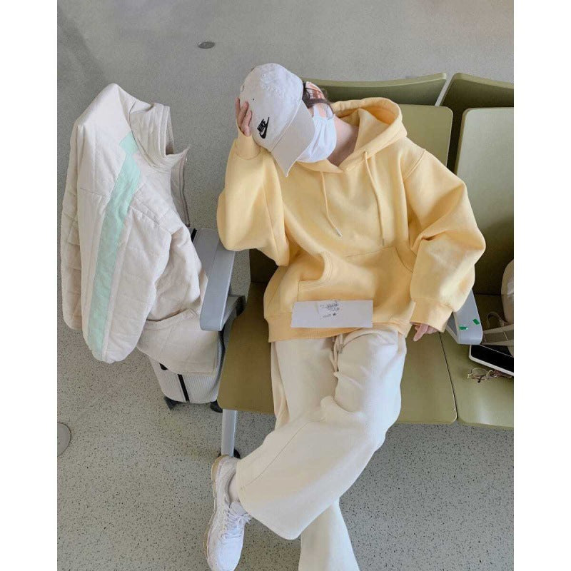 Oversize niche autumn and winter American loose cream yellow light blue with plush thick hooded sweatshirt for women's outerwear