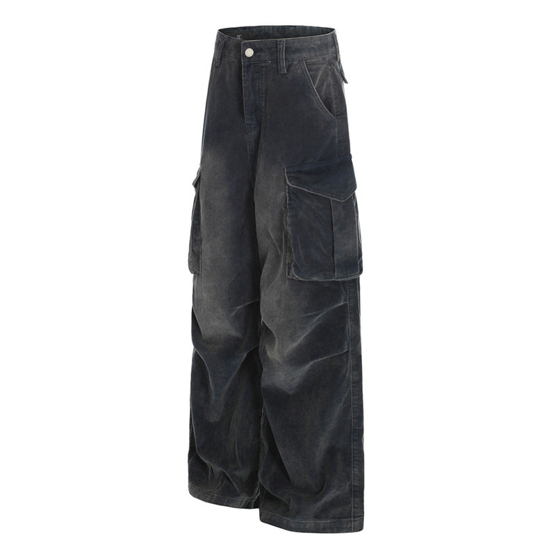 DC+American retro workwear wide leg jeans, men's and women's distressed multi pocket loose wide leg pants, black pants
